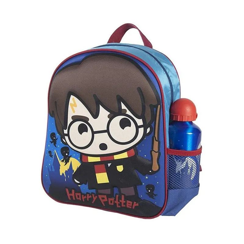 SET SCUOLA ZAINO ASILO HARRY POTTER 3D ORIGINAL 31X25X11CM CON BORRACCIA ALLUMINIO 500ML BLU CON STAMPA CERDÀ ORIGINAL